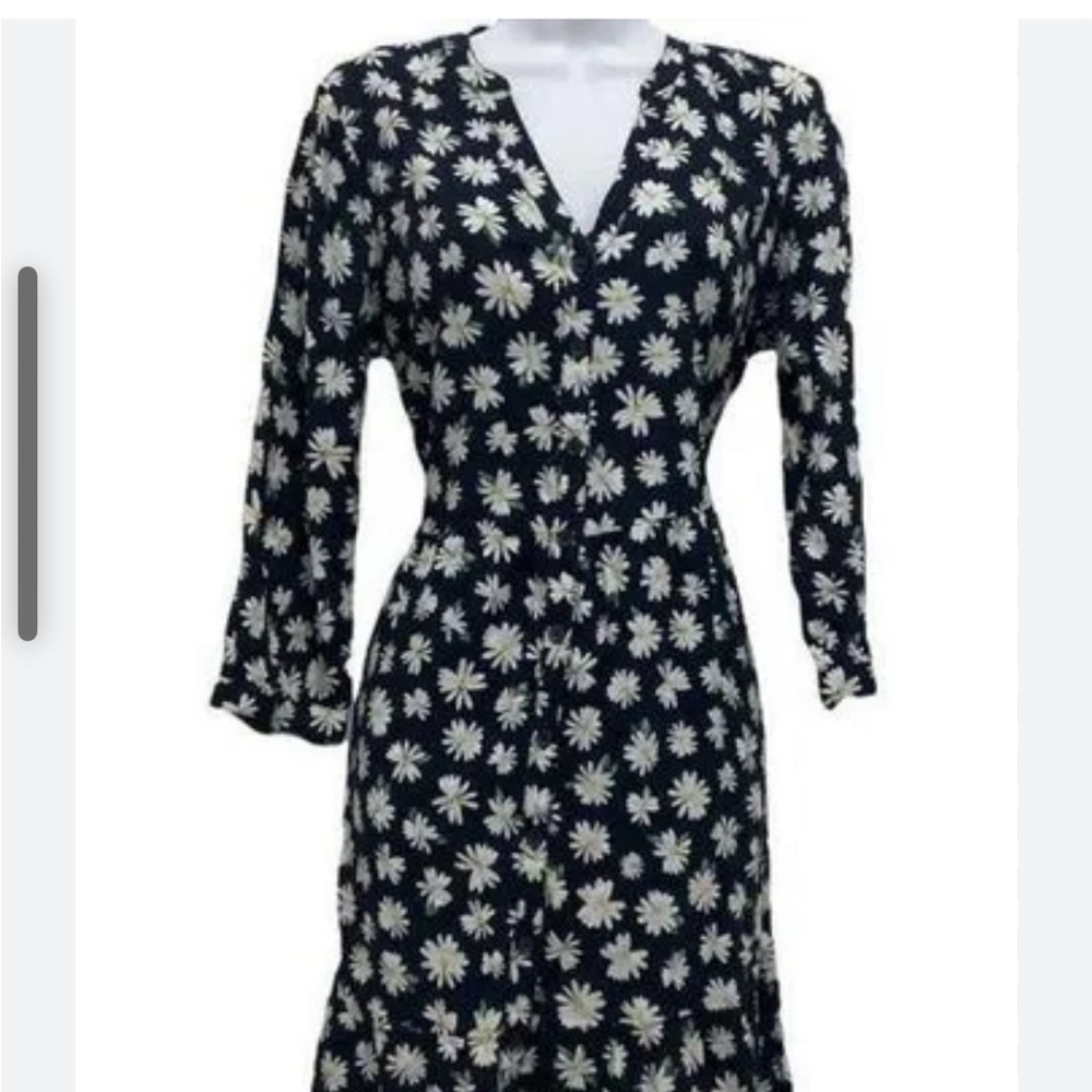 Old Navy Blue Sunflower Dress Button Front Size Large Tiered Cinched Back